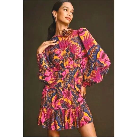 FARM Rio Pink Floral Yellow Fruit Dream Long Sleeve Tiered Mini Dress L